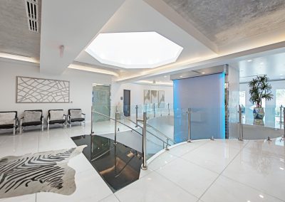 The lobby of a dental office with a zebra rug.