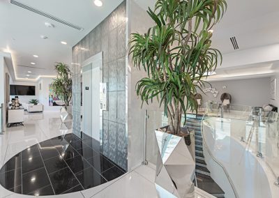 The lobby of a modern office building with a plant in a pot.