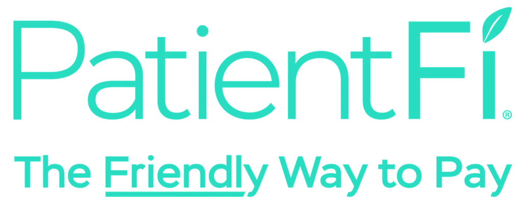 PatientFi logo with tagline "The Friendly Way to Pay" in teal text, featuring a small leaf design on the letter "i".