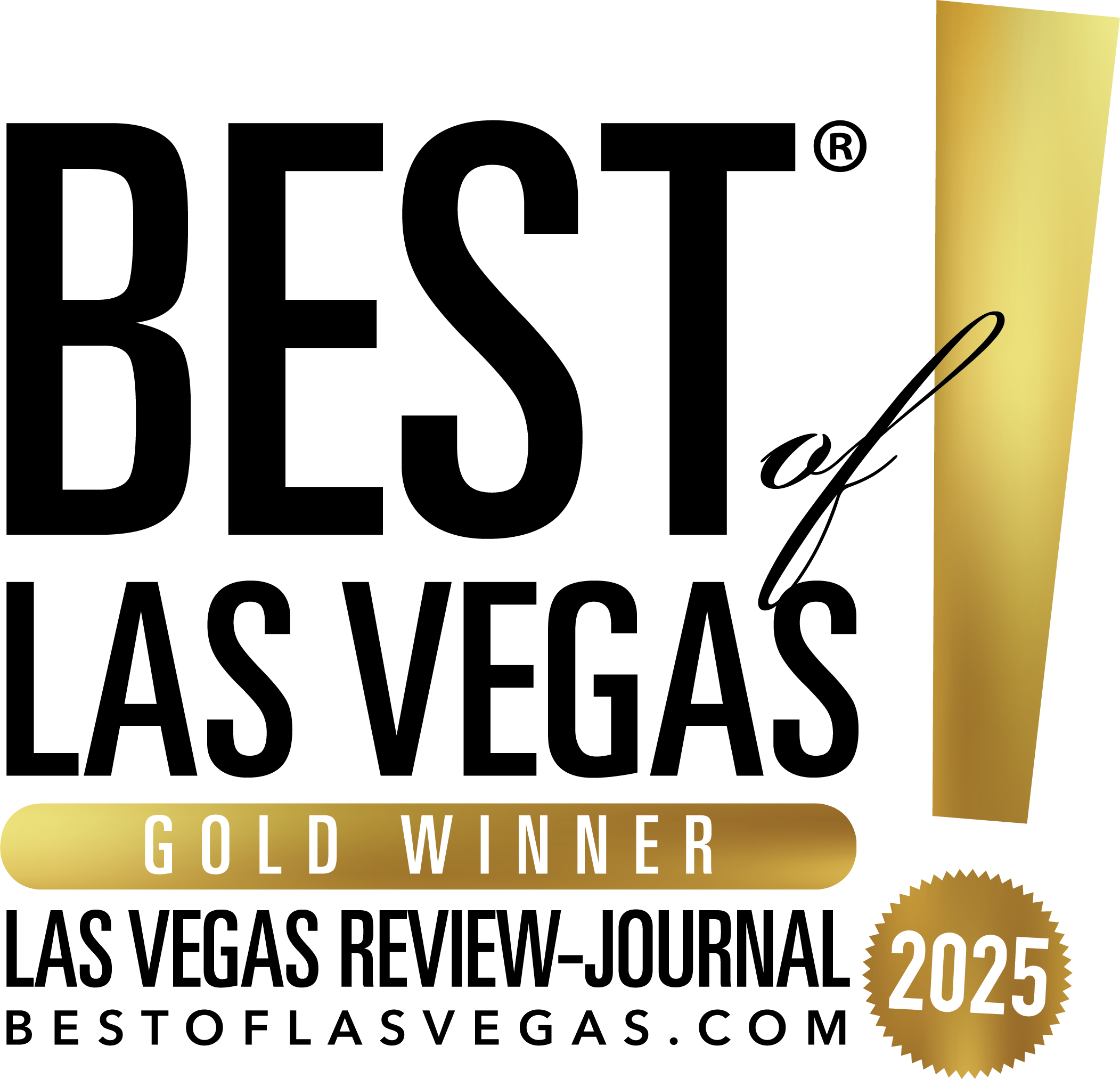 Best of Las Vegas 2025 Gold Winner badge from Las Vegas Review-Journal, featuring black and gold text, the website bestoflasvegas.com, and celebrating excellence in Plastic Surgery.