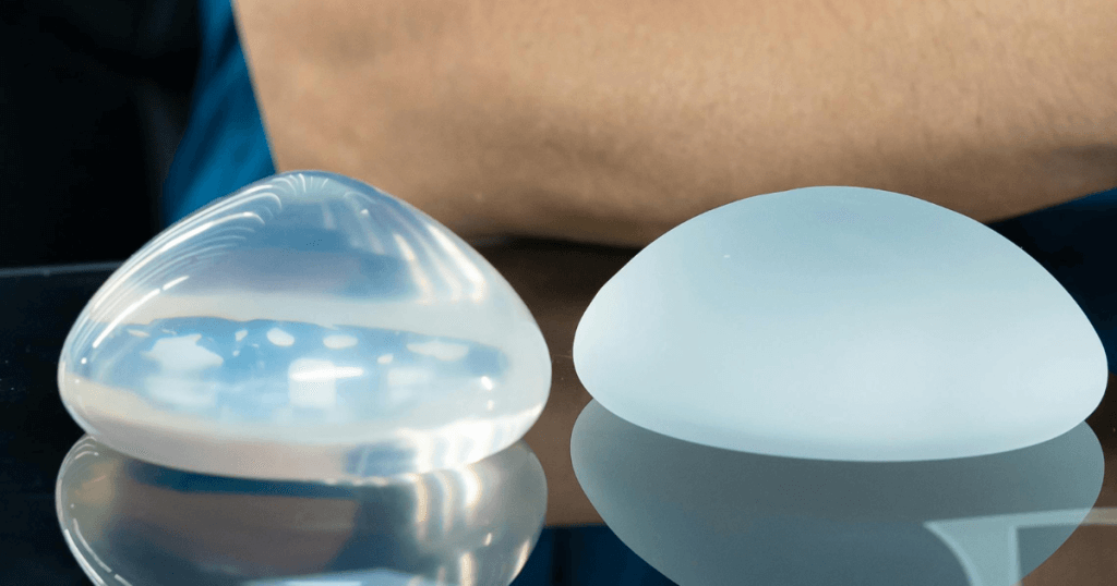 Two silicone breast implants, one transparent and the other opaque, are placed side by side on a reflective surface near a person's arm, showcasing options for natural looking breast augmentation in Las Vegas.